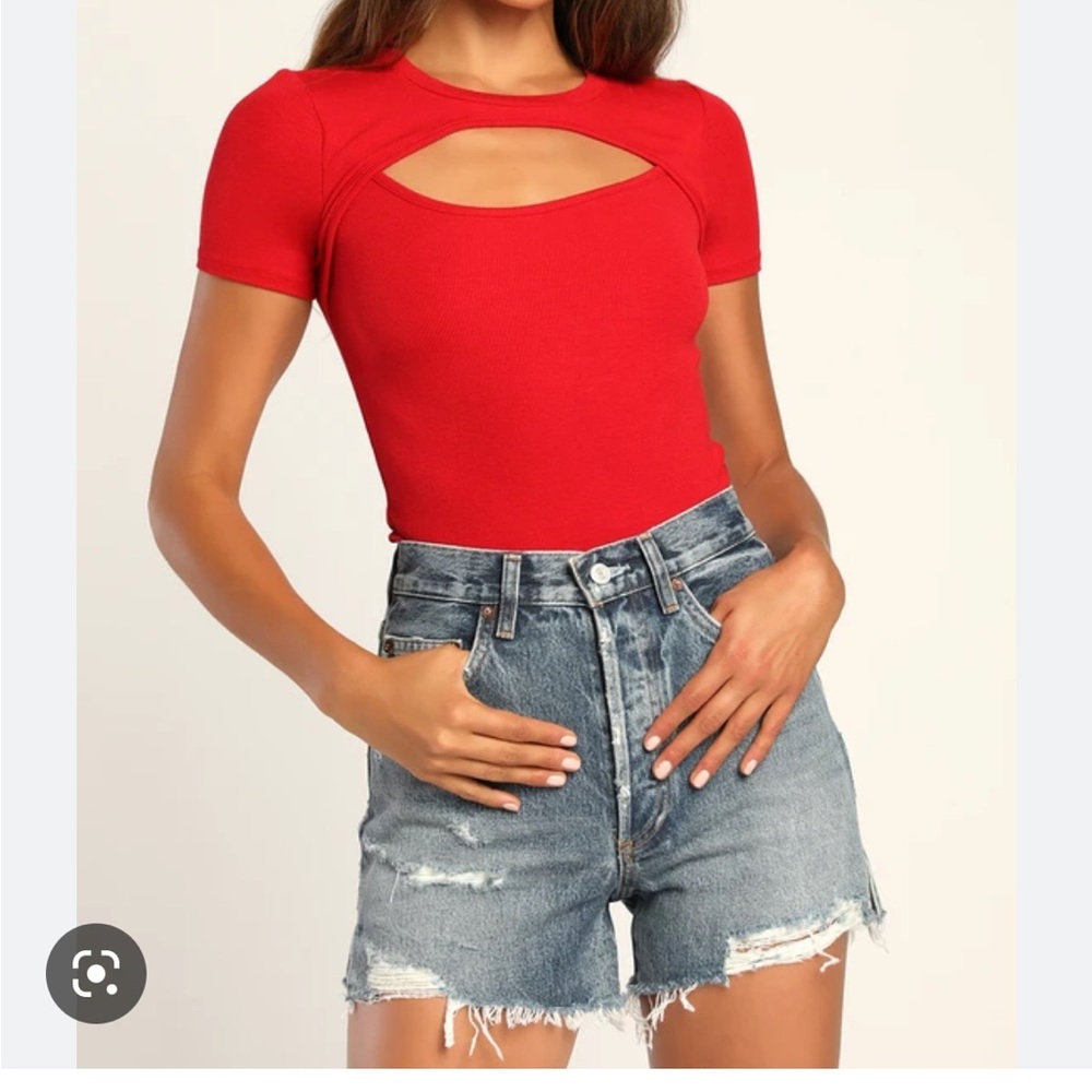 Lulus Flirty Little Secret Red Ribbed Cutout Short Sleeve Top nwt